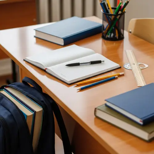 Vibrant Russian School Scene with Stationery Items on Polished Desk