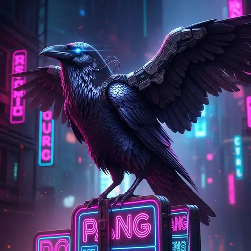 Futuristic Cyberpunk Raven: A Neon-lit Dystopian Guardian