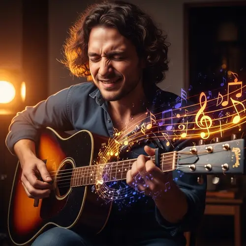 Passionate Musician Playing Guitar | Musical Notes Resonance