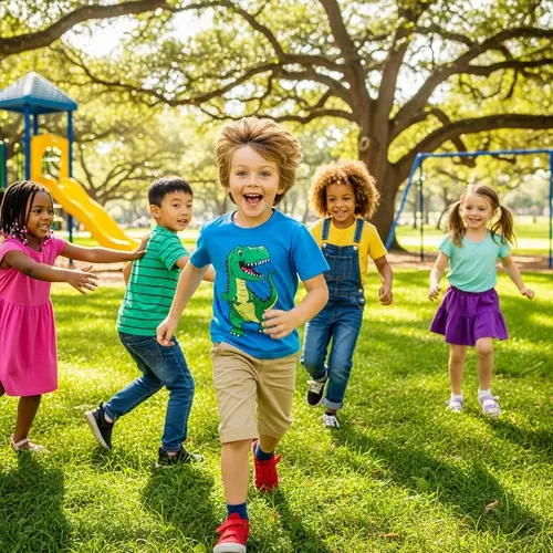 Seven-Year-Old Boy Having Fun at Park with Diverse Friends