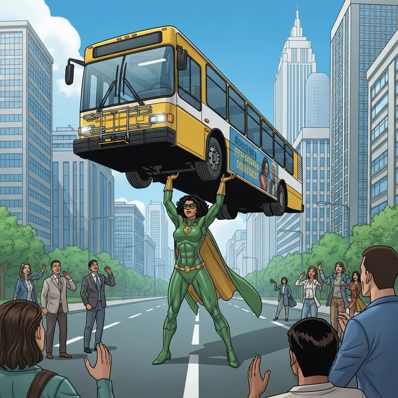 Superhero lifting a bus in urban setting