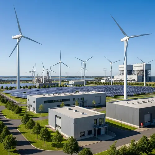 Renewable Energy Industrial Landscape with Aerogenerators and Photovoltaic Panels