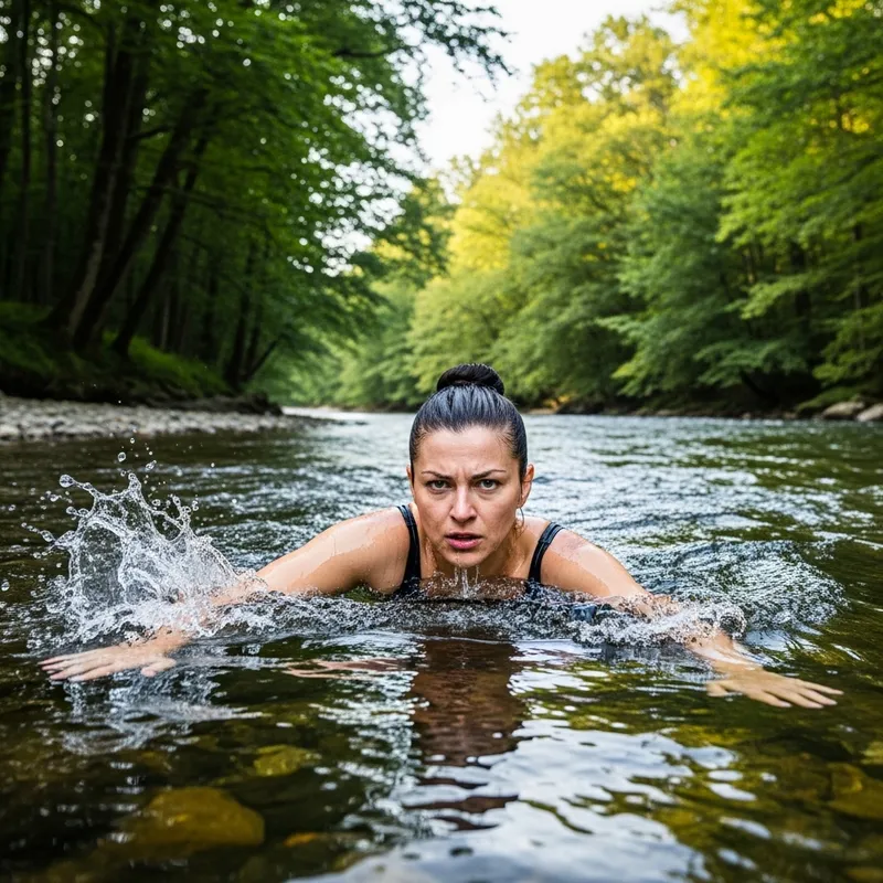 Female Teacher Leading Swim Class Upstream - River Determination