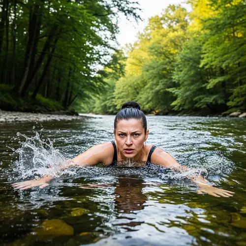 Female Teacher Swimming Upstream in River - Determination Displayed