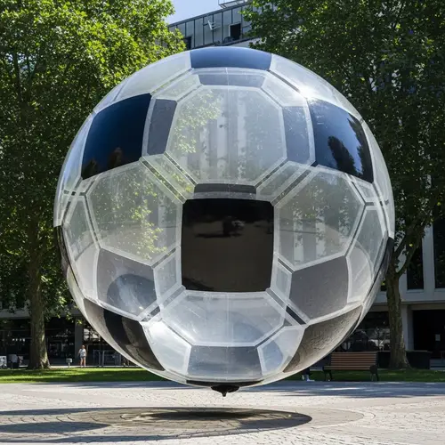 Enormous Clear Glass Soccer Ball Floating 10 Feet Above Ground