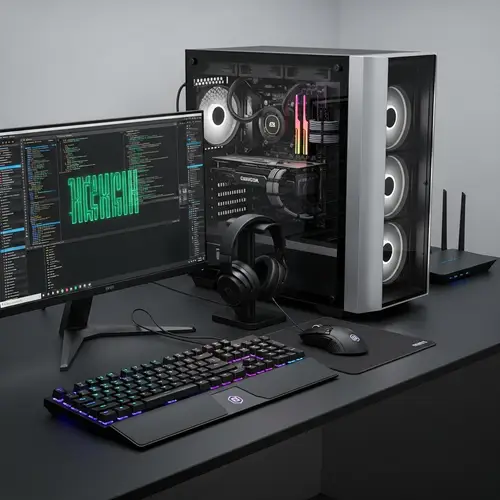 Modern Desktop Computer Setup with Neon Green Code Display