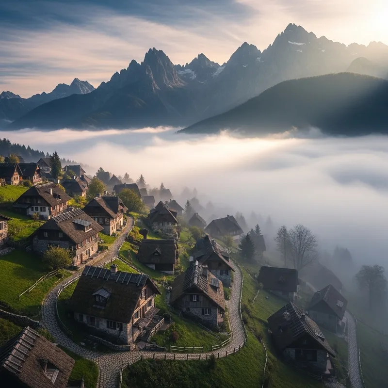 Picturesque Village Shrouded in Clouds | Majestic Mountain Scenery