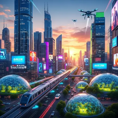 Futuristic Cityscape | Vibrant Metallized Blues & Neon Greens