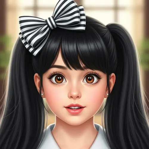 Young Girl with Long Black Dual Ponytails and Striking Brown Eyes