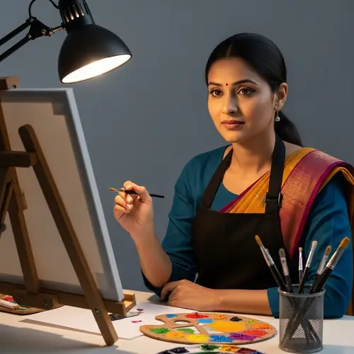 South Asian Woman Painting at Canvas | Art Studio Scene