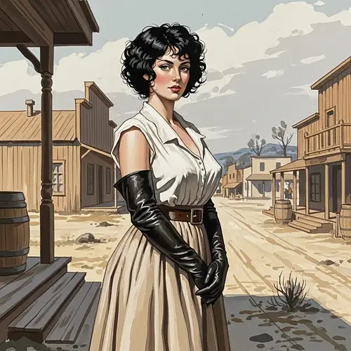 Caucasian Woman in 19th Century Western Village Gouache Sketch