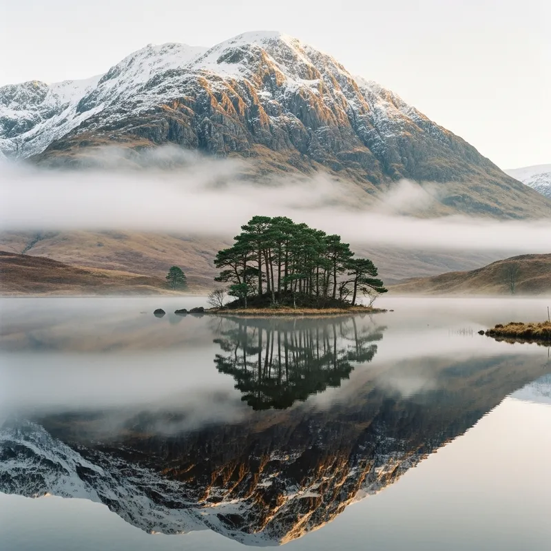 Scottish Mountain Landscape with Snow, Loch, and Pine Trees Scottish Mountain Landscape with Snow, Loch, and Pine Trees