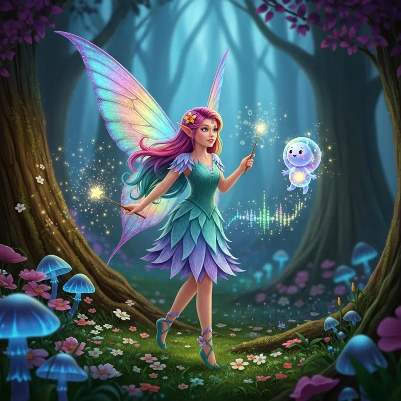 Enchanting Fairy Girl with Multicolored Hair and Iridescent Wings