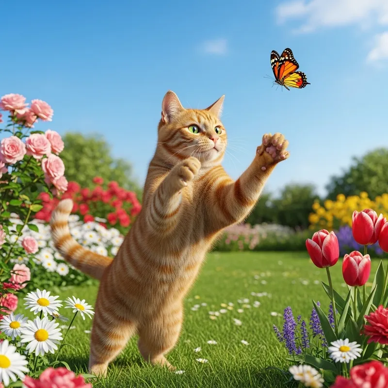 Playful Cat Chasing Colorful Butterfly in Sunlit Garden
