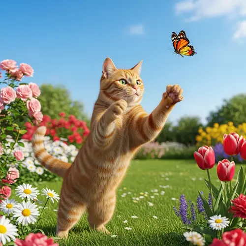 Playful Domestic Cat Chasing Colorful Butterfly in Sunlit Garden