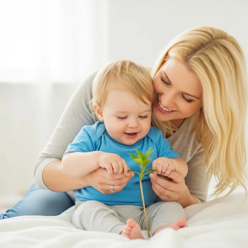 Blond Mother Encouraging Child's Growth in Heartwarming Family Portrait