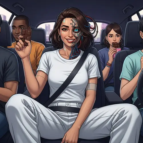 Futuristic Middle Eastern Woman Embracing Happiness in Car Scene