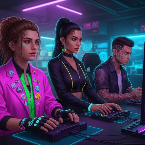 Cyberpunk Gaming Room with Diverse Characters