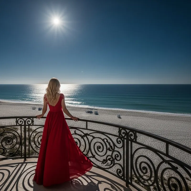 Blonde Woman in Red Dress at Hotel Balcony Overlooking Beach at Night