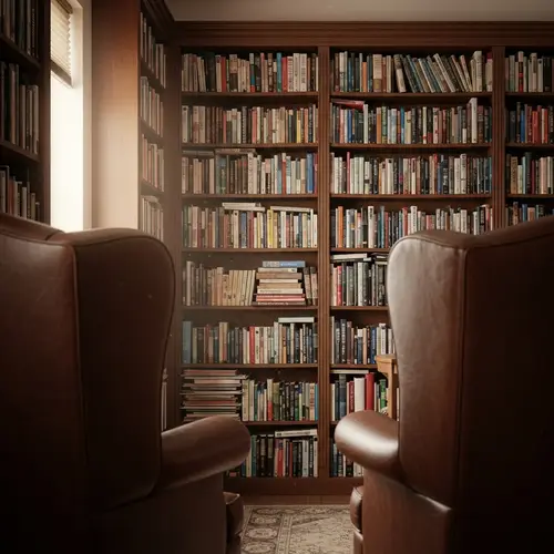 Well-Stocked Library Zoom Background with Leather Chair | Speaker Setup