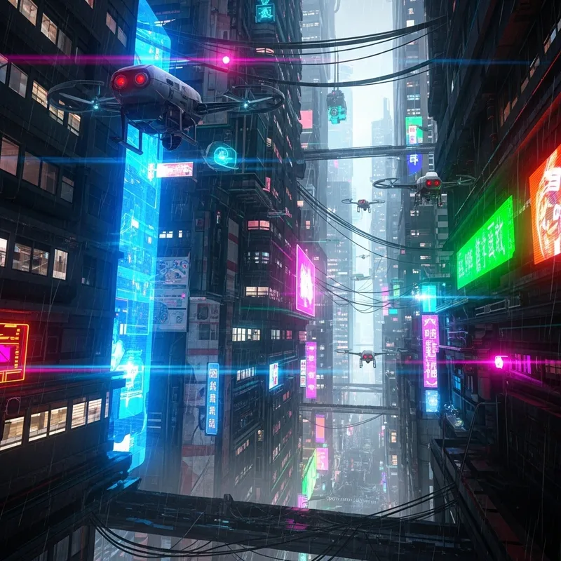 Futuristic Cyberpunk Cityscape with Vibrant Neon Lights and Intense Surveillance Drones Futuristic Cyberpunk Cityscape with Vibrant Neon Lights and Intense Surveillance Drones