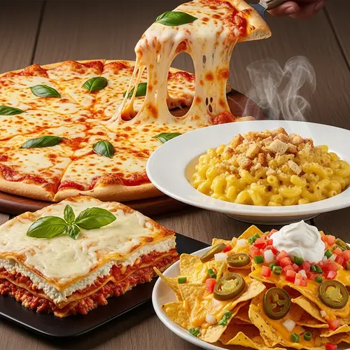 Delicious Cheesy Food: Pizza, Mac and Cheese, Lasagna, Nachos