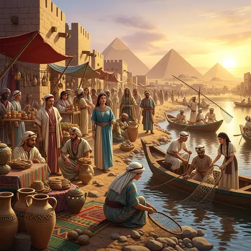 Ancient Market Scene with Pyramids: Cultural Diversity in Merchants and Fishermen