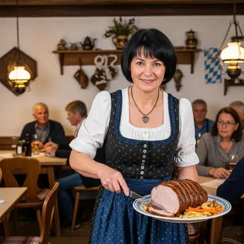 German Woman Serving Pork Roast in Bavarian Inn