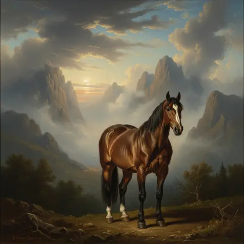 Romantic Style Oil Painting of Full-Bodied Horse in Brown and Beige Tones