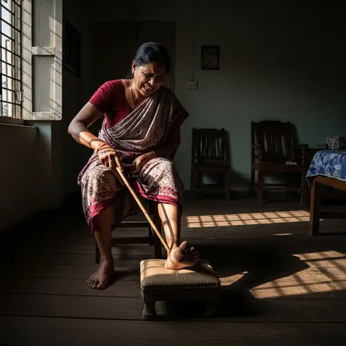 South Asian Woman Grimacing while Striking Feet - Painful Home Remedy