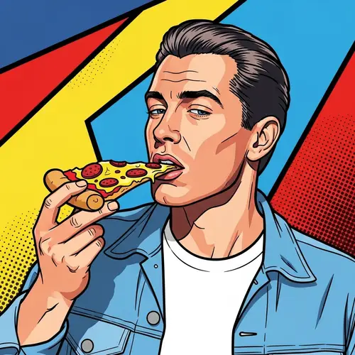 Pop Art Brad Pitt Eats Pizza - Vibrant Pop Art Style