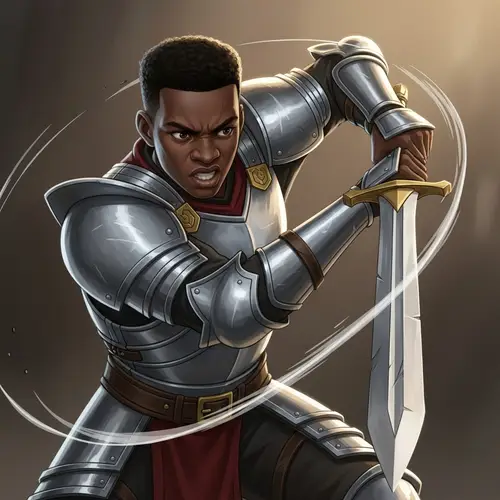 Young Black Warrior in Armor Attacks with Sword