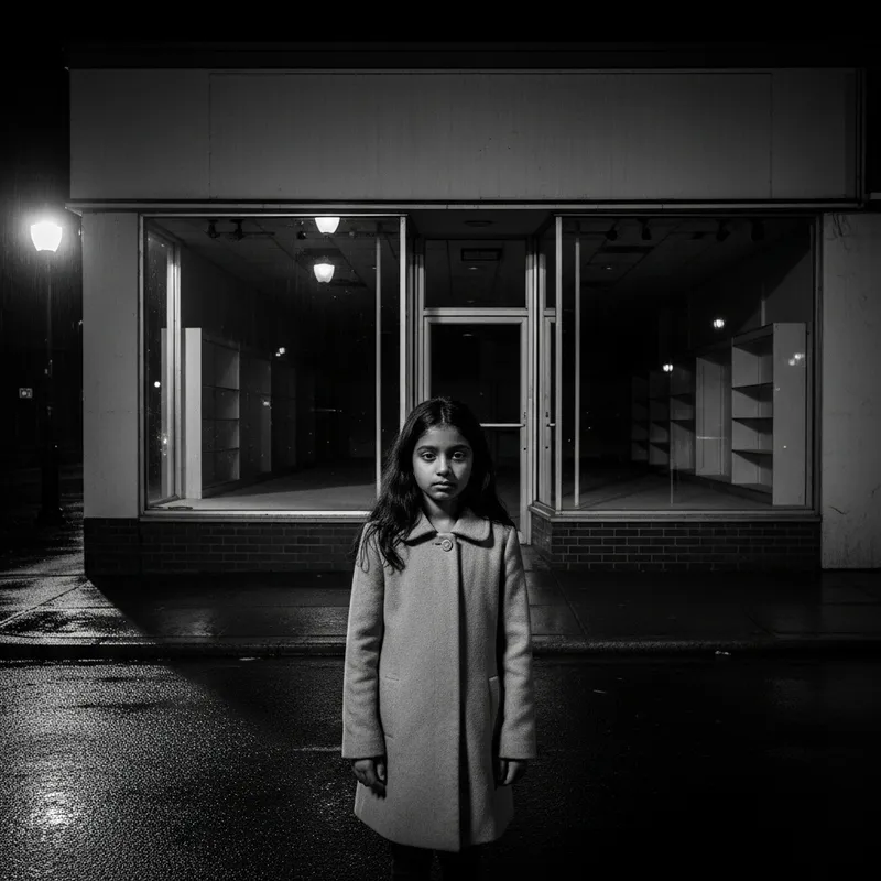 Midnight Eerie Scene: South Asian Girl in Desolate Shop