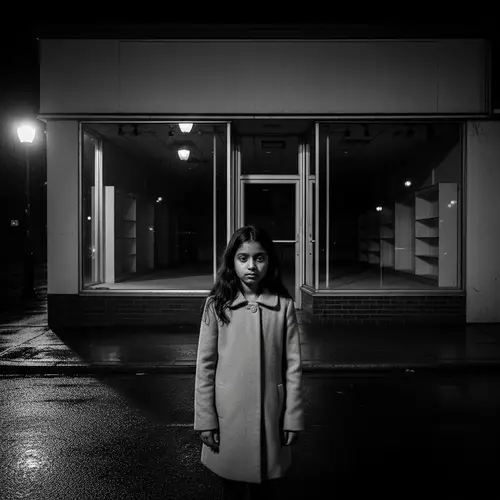 Eerie Midnight Scene: South Asian Girl Alone at Empty Shop