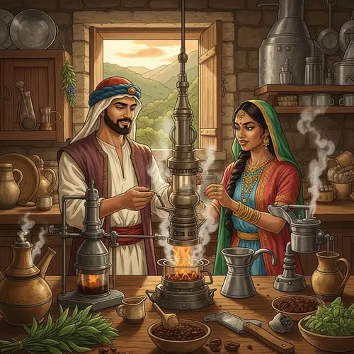 Inventive Coffee Brewing Scene: 15th Century Middle-Eastern and South-Asian Collaboration