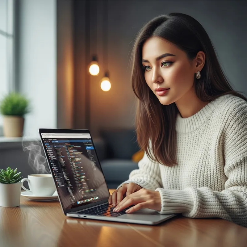 Kazakh Woman Resembling Korean Woman Working on Laptop