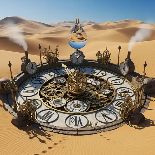 Fantastical Clock Monument in Desert with Raindrop