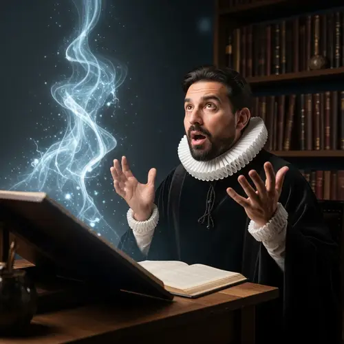 Hispanic Man in 16th Century Study Awed by Ethereal Light