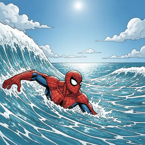 Comic-Styled Superhero Swimming in Crystalline Sea