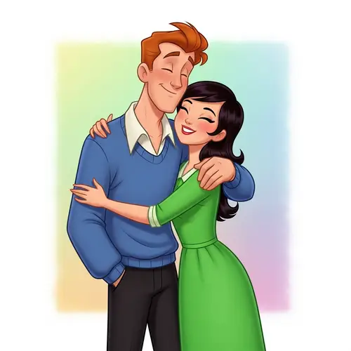 Cartoon Hug and Kiss: Heartwarming Affection Illustration
