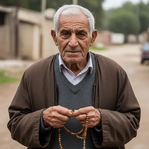 Elderly Middle-Eastern Man with Thoughtful Eyes and Tasbih Beads