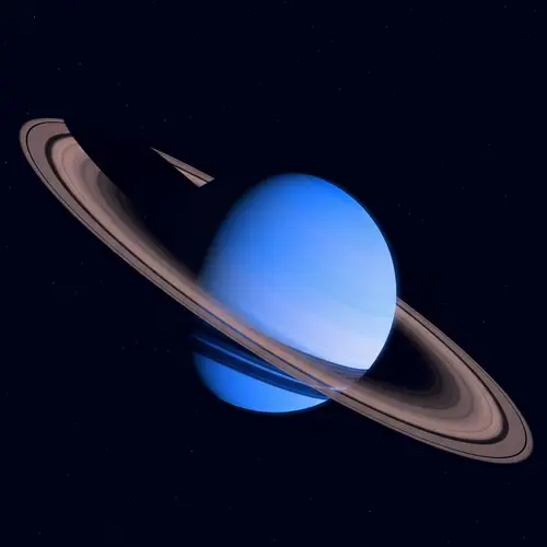 Blue Saturn with Vermilion Rings - Celestial Beauty in Uncommon View