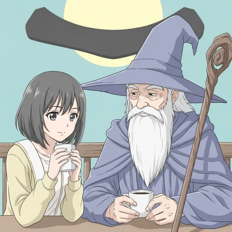 Serene Anime-Style Illustration of Young Woman and Gandalf Sharing Coffee Serene Anime-Style Illustration of Young Woman and Gandalf Sharing Coffee