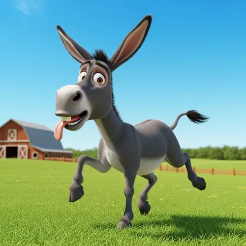 Clumsy and Endearing Cartoon Donkey in a Playful Field