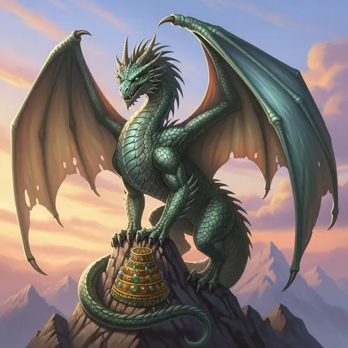 Majestic Dragon in Sea-Green Scales | Ancient Gold and Jewels