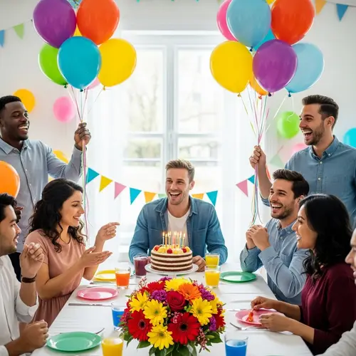 Vibrant Birthday Party with Flower, Cake & Balloons