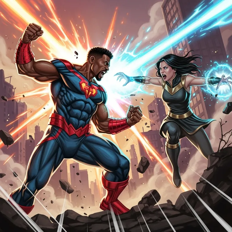 Dynamic Superhero Battle Scene: Intense Colors & Vibrant Poses