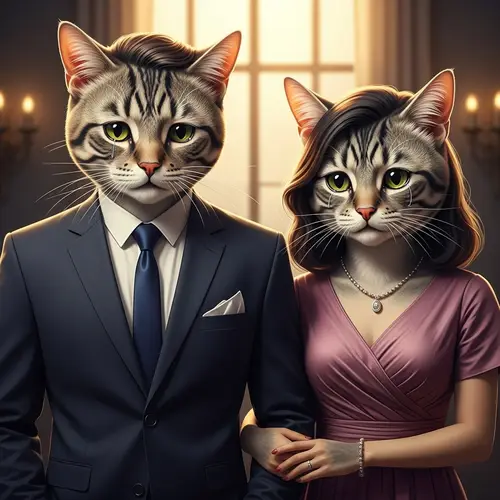 Anthropomorphic Cats in Stylish Outfits: A Sad Moment