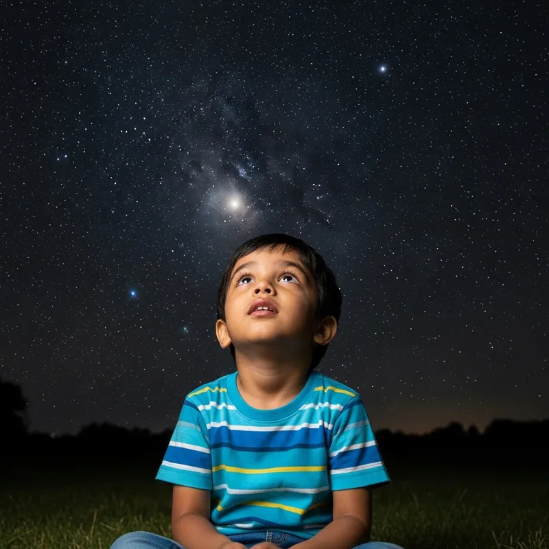 Child Admiring Starry Sky | Breathtaking Night Gaze Child Admiring Starry Sky | Breathtaking Night Gaze