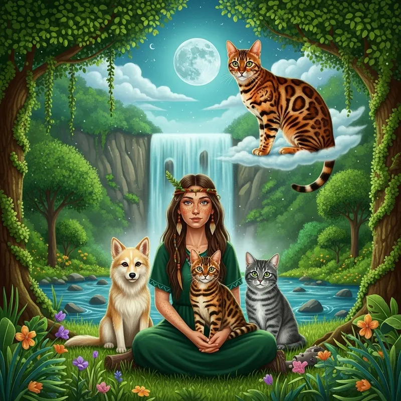 Mystic Scene: Bengal Cat, Shaman Woman, and Nature Spirits